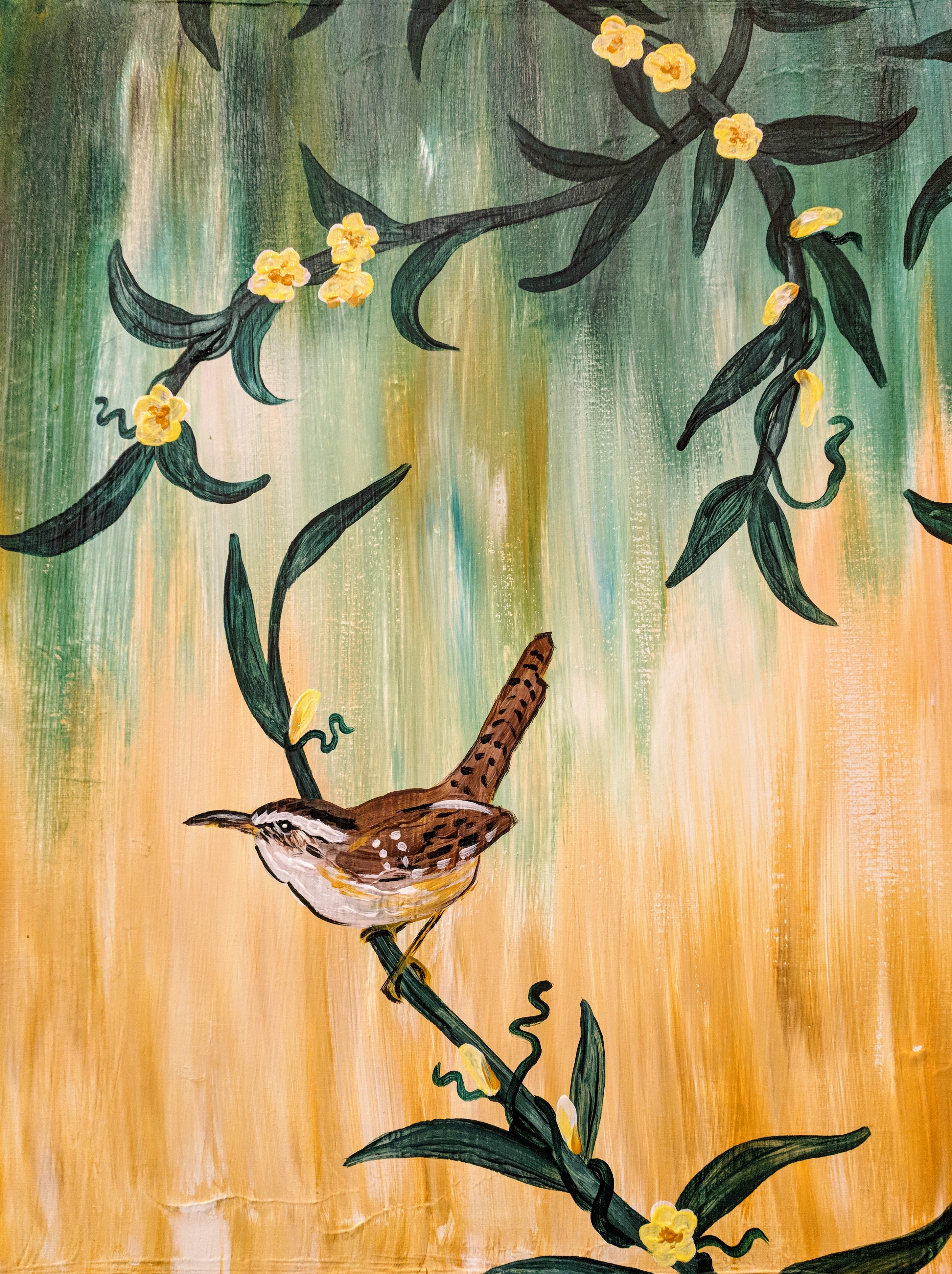 Carolina Wren with Yellow Jessamine - Fundraiser for Key Changes Therapy Services